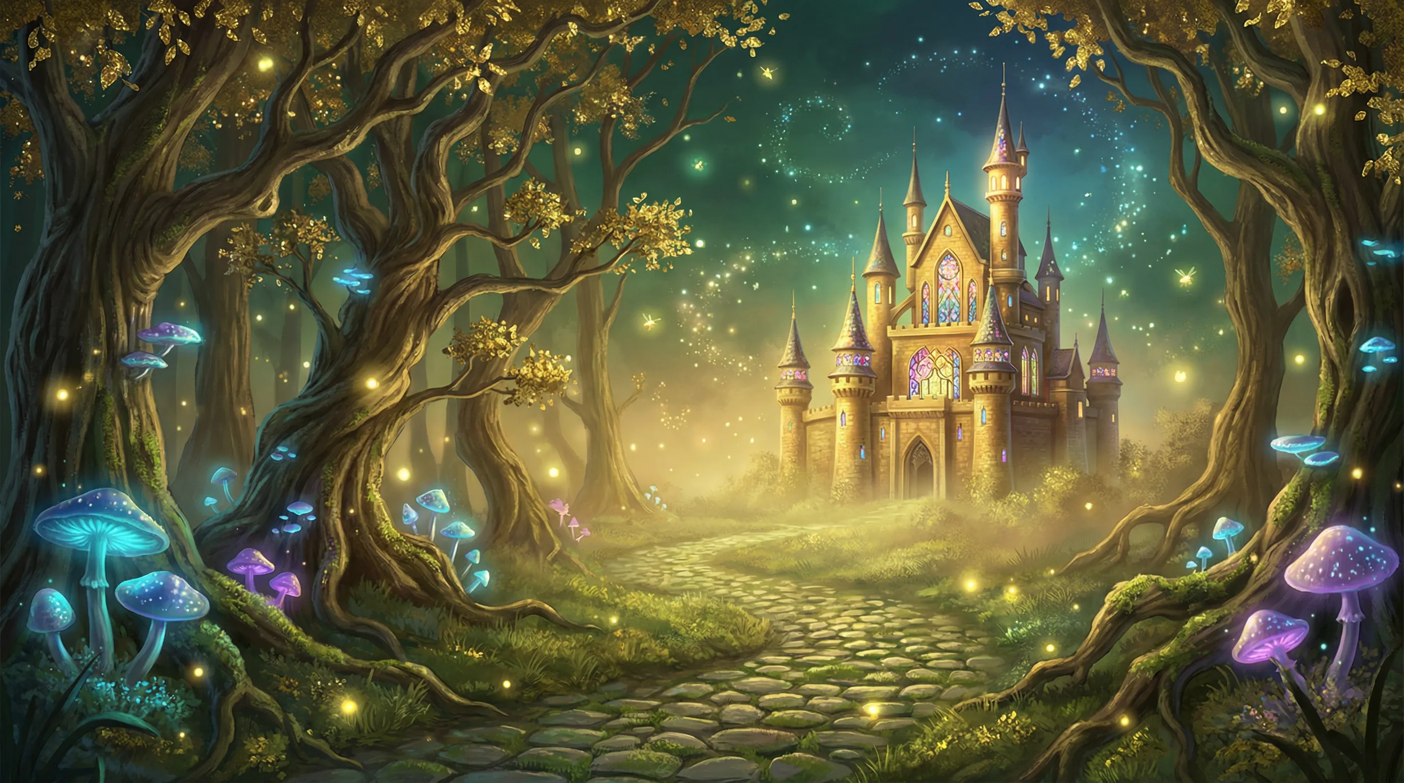 Floresta encantada do cassino Stakebet com castelo dourado